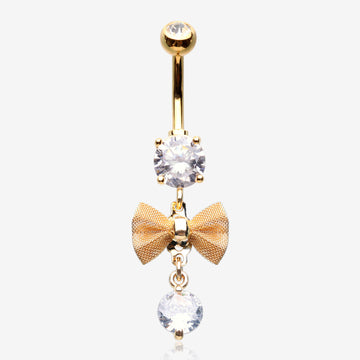 Golden Dainty Bow-Tie Prong Gem Sparkle Belly Button Ring-Clear Gem